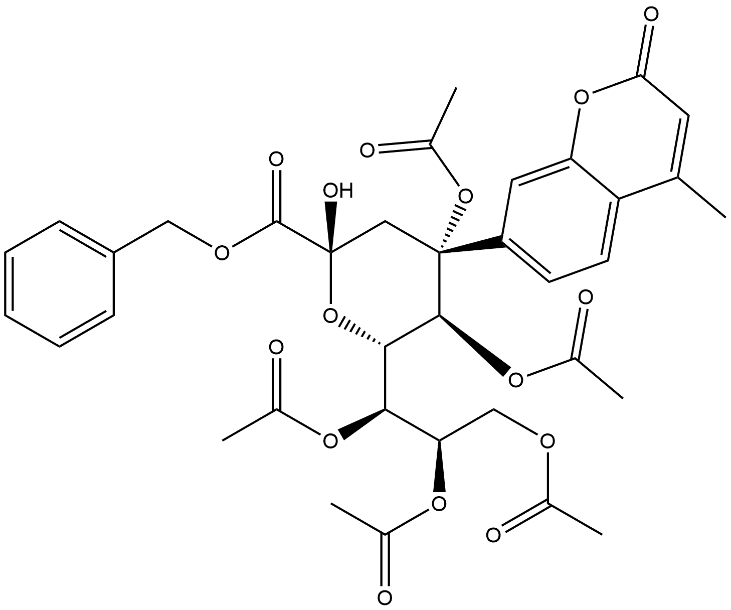 D-glycero-α-D-galacto-2-Nonulopyranosidonic acid, 4-methyl-2-oxo-2H-1-benzopyran-7-yl 3-deoxy-, phenylmethyl ester, pentaacetate (9CI) Structure