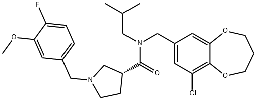 3-Pyrrolidinecarboxamide, N-[(9-chloro-3,4-dihydro-2H-1,5-benzodioxepin-7-yl)methyl]-1-[(4-fluoro-3-methoxyphenyl)methyl]-N-(2-methylpropyl)-, (3R)- 구조식 이미지