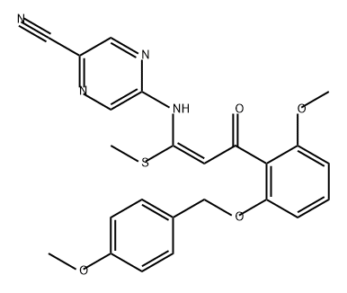 2-Pyrazinecarbonitrile, 5-[[(1E)-3-[2-methoxy-6-[(4-methoxyphenyl)methoxy]phenyl]-1-(methylthio)-3-oxo-1-propen-1-yl]amino]- Structure