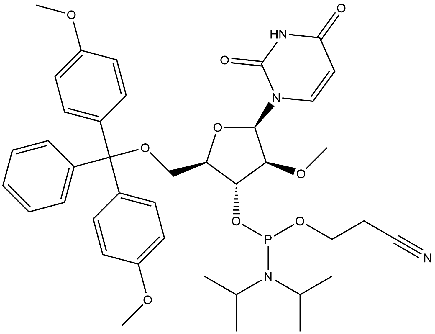 1-[5-O-[Bis(4-methoxyphenyl)phenylmethyl]-3-O-[[bis(1-methylethyl)amino](2-cyanoethoxy)phosphino]-2-O-methyl-β-D-arabinofuranosyl]-2,4(1H,3H)-pyrimidinedione 구조식 이미지