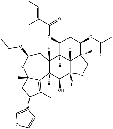 2-Butenoic acid, 2-methyl-, (2R,3aS,5R,6aR,6bR,7S,9R,9aR,11aR,11bR,12S,12aR)-9-(acetyloxy)-5-ethoxy-2-(3-furanyl)-3,3a,6,6a,6b,7,8,9,9a,10,11a,11b,12,12a-tetradecahydro-12-hydroxy-1,6b,9a,12a-tetramethyl-2H,5H-cyclopent[a]isobenzofuro[7,1-gh][3]benzoxepin-7-yl ester, (2E)- Structure