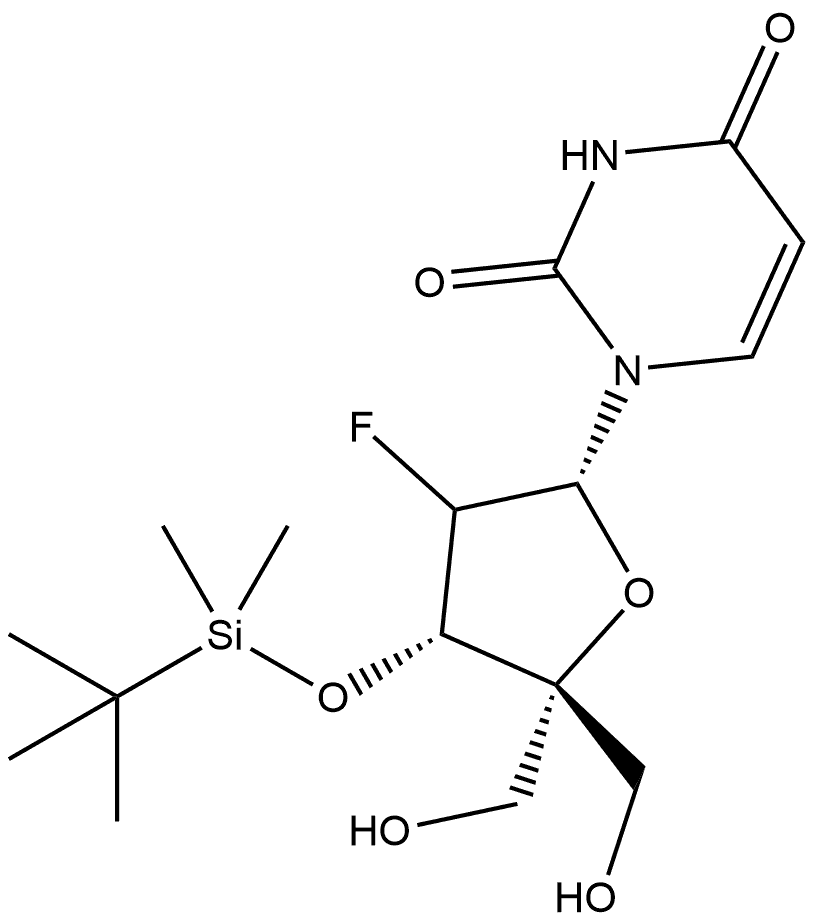 2,4(1H,3H)-Pyrimidinedione, 1-[2-deoxy-3-O-[(1,1-dimethylethyl)dimethylsilyl]-2-fluoro-4-C-(hydroxymethyl)-β-D-threo-pentofuranosyl]- Structure