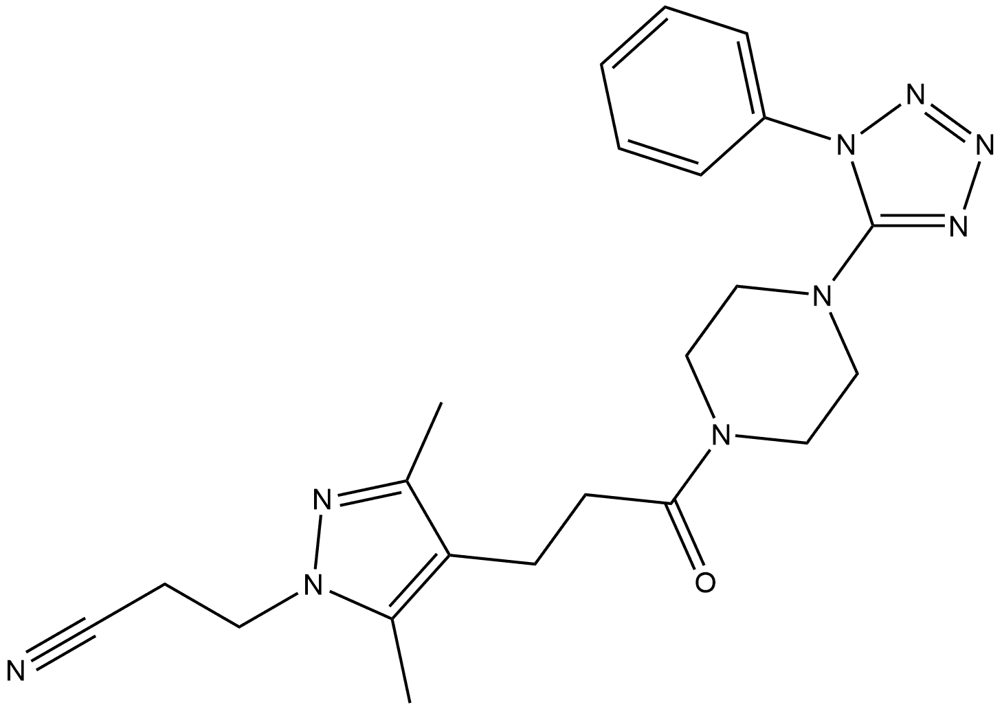 3-(3,5-Dimethyl-4-(3-oxo-3-(4-(1-phenyl-1H-tetrazol-5-yl)piperazin-1-yl)propyl)-1H-pyrazol-1-yl)propanenitrile Structure