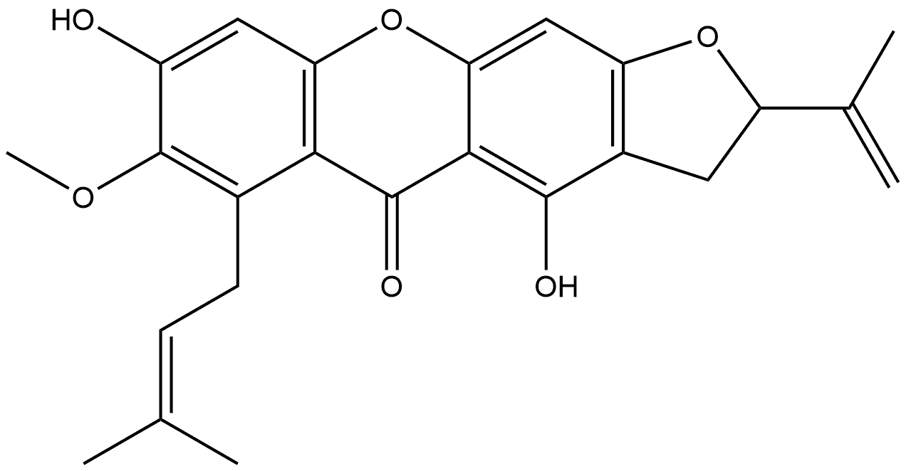 5H-Furo[3,2-b]xanthen-5-one, 2,3-dihydro-4,8-dihydroxy-7-methoxy-6-(3-methyl-2-buten-1-yl)-2-(1-methylethenyl)-, (+)- Structure