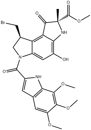 Benzo1,2-b:4,3-bdipyrrole-2-carboxylic acid, 8-(bromomethyl)-1,2,3,6,7,8-hexahydro-4-hydroxy-2-methyl-1-oxo-6-(5,6,7-trimethoxy-1H-indol-2-yl)carbonyl-, methyl ester, (2R,8S)- Structure