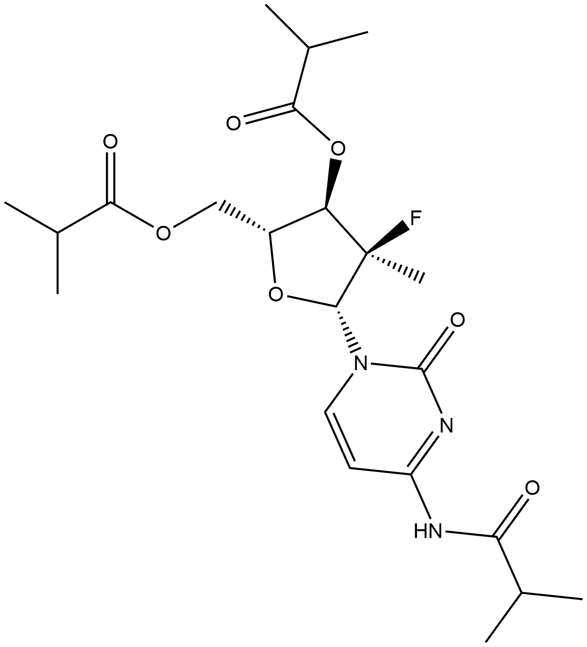 Cytidine, 2′-deoxy-2′-fluoro-2′-methyl-N-(2-methyl-1-oxopropyl)-, 3′,5′-bis(2-methylpropanoate), (2′R)- Structure