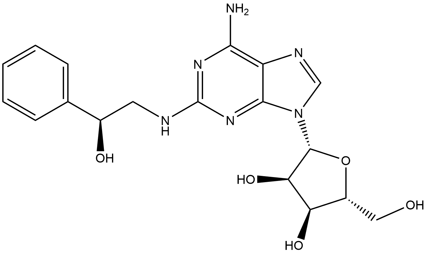 (2R,3R,4S,5R)-2-[6-Amino-2-((S)-2-hydroxy-2-phenyl-ethylamino)-purin-9-yl]-5-hydroxymethyl-tetrahydro-furan-3,4-diol Structure