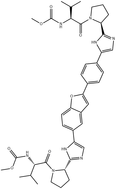 Carbamic acid, N-[(1S)-1-[[(2S)-2-[5-[4-[5-[2-[(2S)-1-[(2S)-2-[(methoxycarbonyl)amino]-3-methyl-1-oxobutyl]-2-pyrrolidinyl]-1H-imidazol-5-yl]-2-benzofuranyl]phenyl]-1H-imidazol-2-yl]-1-pyrrolidinyl]carbonyl]-2-methylpropyl]-, methyl ester Structure