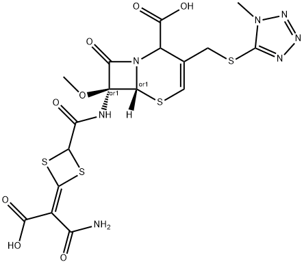 5-Thia-1-azabicyclo[4.2.0]oct-3-ene-2-carboxylic acid, 7-[[[4-(2-amino-1-carboxy-2-oxoethylidene)-1,3-dithietan-2-yl]carbonyl]amino]-7-methoxy-3-[[(1-methyl-1H-tetrazol-5-yl)thio]methyl]-8-oxo-, (6R,7S)-rel- 구조식 이미지