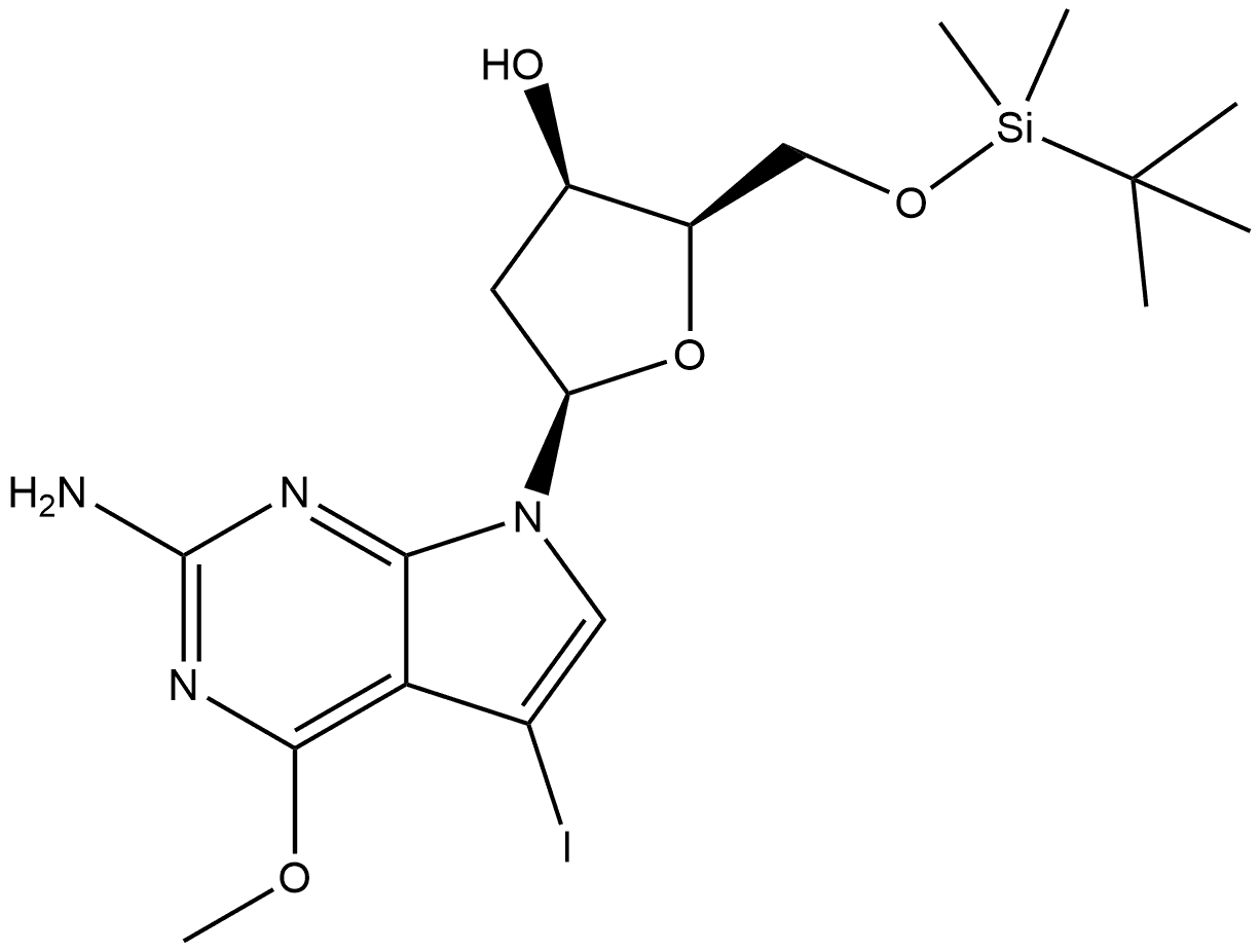 7H-Pyrrolo[2,3-d]pyrimidin-2-amine, 7-[2-deoxy-5-O-[(1,1-dimethylethyl)dimethylsilyl]-β-D-threo-pentofuranosyl]-5-iodo-4-methoxy- 구조식 이미지