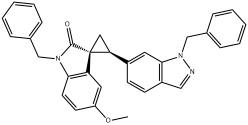 Spiro[cyclopropane-1,3'-[3H]indol]-2'(1'H)-one, 5'-methoxy-1'-(phenylmethyl)-2-[1-(phenylmethyl)-1H-indazol-6-yl]-, (1R,2S)- Structure