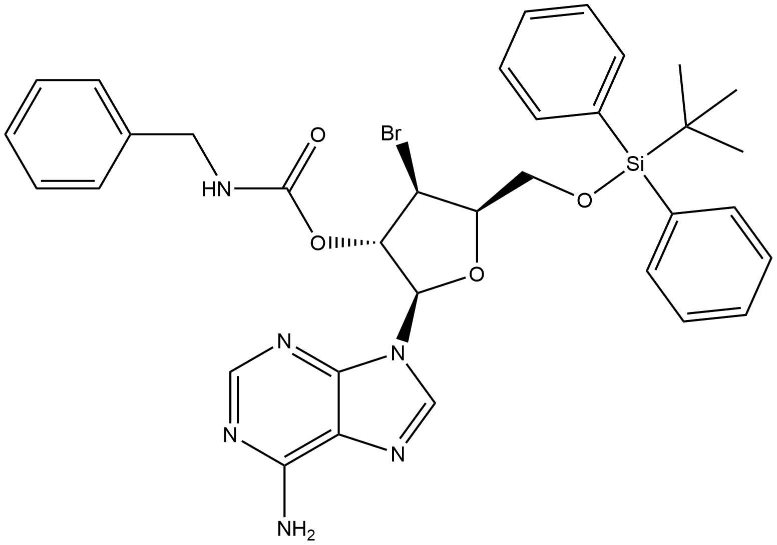 9H-Purin-6-amine, 9-[3-bromo-3-deoxy-5-O-[(1,1-dimethylethyl)diphenylsilyl]-2-O-[[(phenylmethyl)amino]carbonyl]-β-D-xylofuranosyl]- Structure