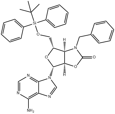 (3aR,4S,6R,6aR)-6-(6-Amino-9H-purin-9-yl)-4-[[[(1,1-dimethylethyl)diphenylsilyl]oxy]methyl]tetrahydro-3-(phenylmethyl)furo[3,4-d]oxazol-2(3H)-one 구조식 이미지
