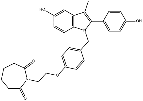 1H-Azepine-2,7-dione, tetrahydro-1-[2-[4-[[5-hydroxy-2-(4-hydroxyphenyl)-3-methyl-1H-indol-1-yl]methyl]phenoxy]ethyl]- Structure