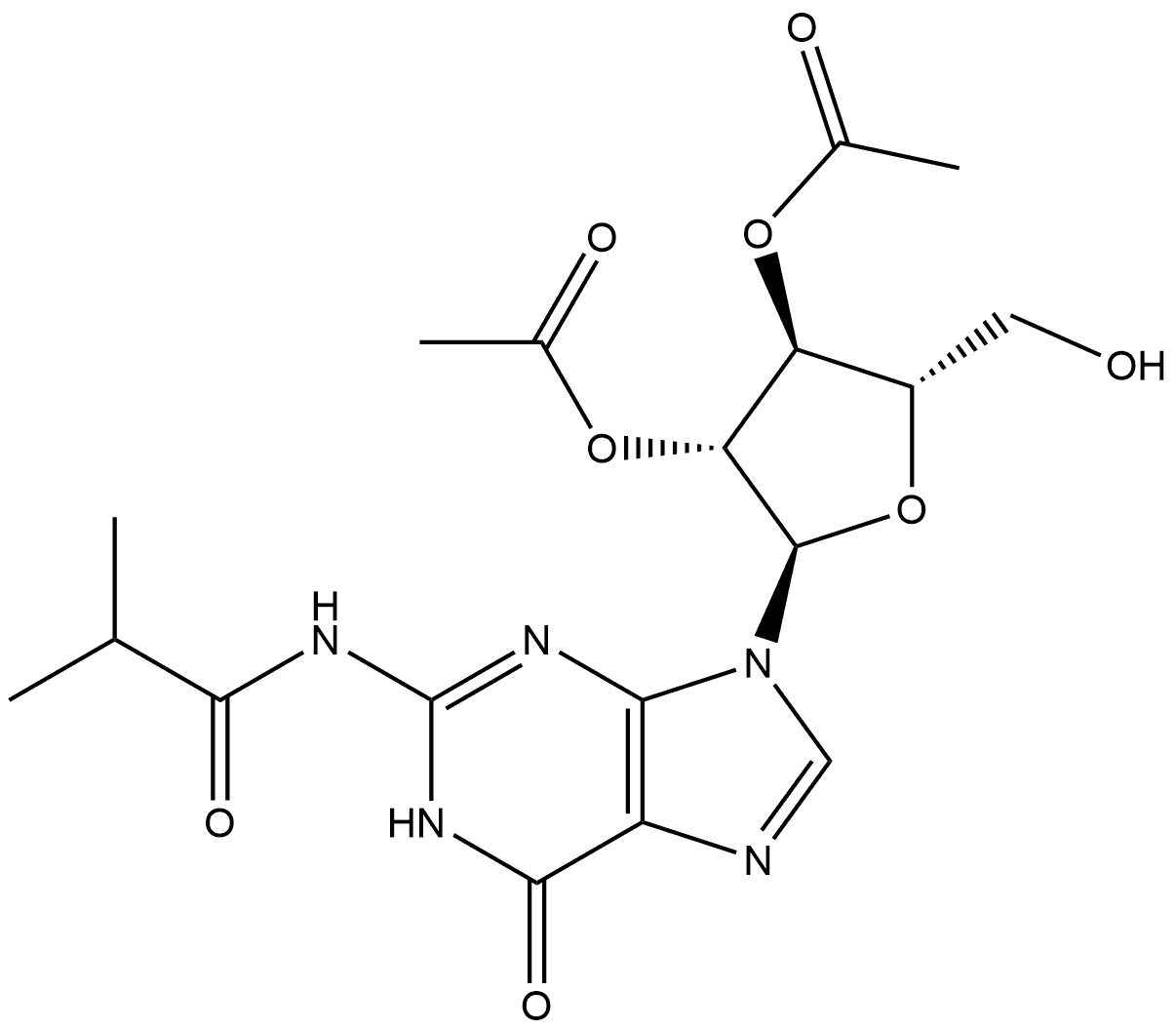 Propanamide, N-[9-(2,3-di-O-acetyl-α-L-arabinofuranosyl)-6,9-dihydro-6-oxo-1H-purin-2-yl]-2-methyl- Structure