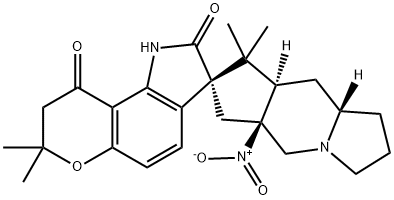 Spiro[1H-cyclopent[f]indolizine-7(5H),3'(2'H)-pyrano[2,3-g]indole]-2',9'(1'H)-dione, 2,3,5a,6,7',8,8',8a,9,9a-decahydro-7',7',8,8-tetramethyl-5a-nitro-, (3'S,5aS,8aR,9aS)- Structure