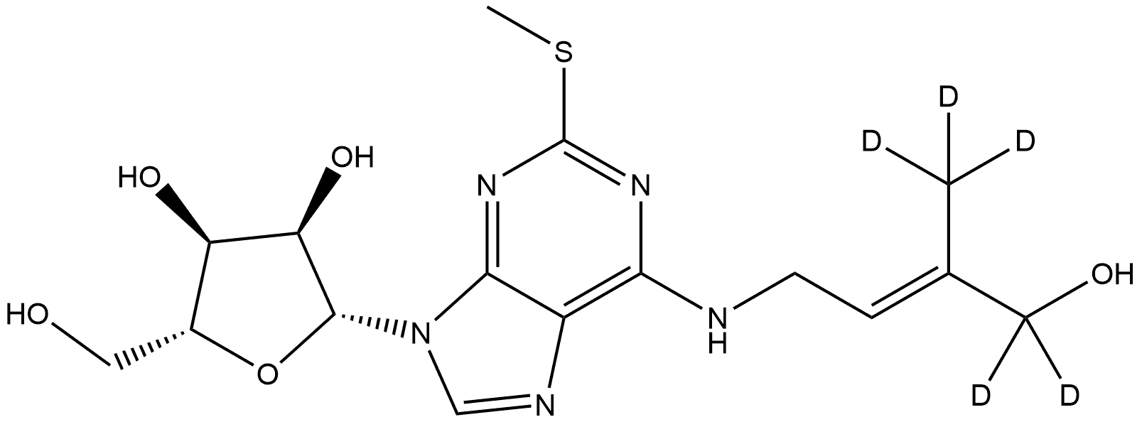 D5]2-METHYLTHIO-trans-ZEATIN RIBOSIDE (D-2MeStZR)?[2-methylthio-6-[D5]((E)-4-hydroxy-3-methylbut-2-enylamino)-9-β-D-ribofuranosylpurine Structure