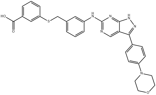 Benzoic acid, 3-[[[3-[[3-[4-(4-morpholinyl)phenyl]-1H-pyrazolo[3,4-d]pyrimidin-6-yl]amino]phenyl]methyl]thio]- Structure