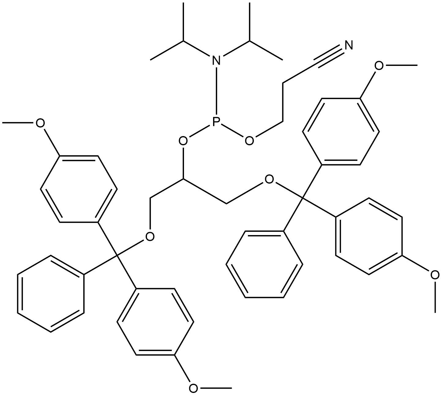 Phosphoramidous acid, N,N-bis(1-methylethyl)-, 2-[bis(4-methoxyphenyl)phenylmethoxy]-1-[[bis(4-methoxyphenyl)phenylmethoxy]methyl]ethyl 2-cyanoethyl ester 구조식 이미지