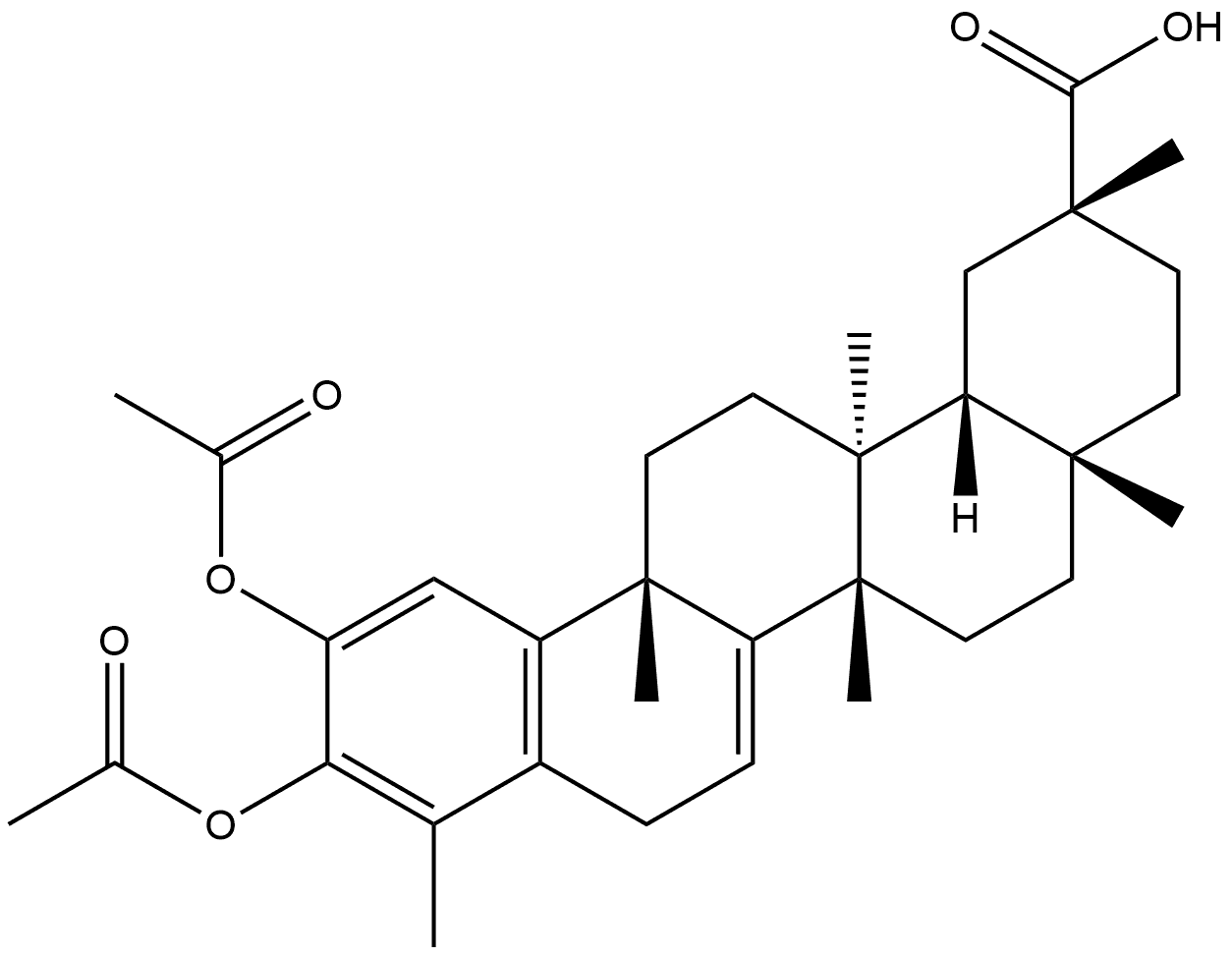 24,25,26-Trinoroleana-1,3,5(10),7-tetraen-29-oic acid, 2,3-bis(acetyloxy)-9,13-dimethyl-, (9β,13α,14β,20α)- Structure