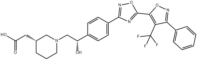 3-Piperidineacetic acid, 1-[(2S)-2-hydroxy-2-[4-[5-[3-phenyl-4-(trifluoromethyl)-5-isoxazolyl]-1,2,4-oxadiazol-3-yl]phenyl]ethyl]-, (3R)- 구조식 이미지