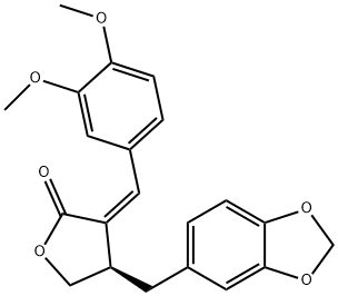 2(3H)-Furanone, 4-(1,3-benzodioxol-5-ylmethyl)-3-[(3,4-dimethoxyphenyl)methylene]dihydro-, (3Z,4R)- Structure