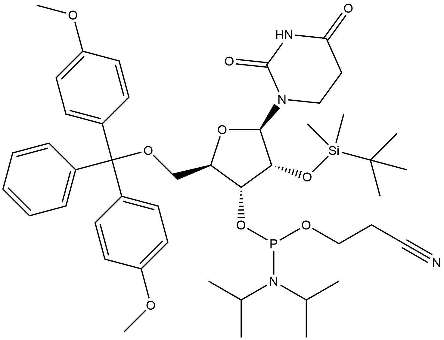 Uridine, 5'-O-[bis(4-methoxyphenyl)phenylmethyl]-2'-O-[(1,1-dimethylethyl)dimethylsilyl]-5,6-dihydro-, 3'-[2-cyanoethyl N,N-bis(1-methylethyl)phosphoramidite] Structure