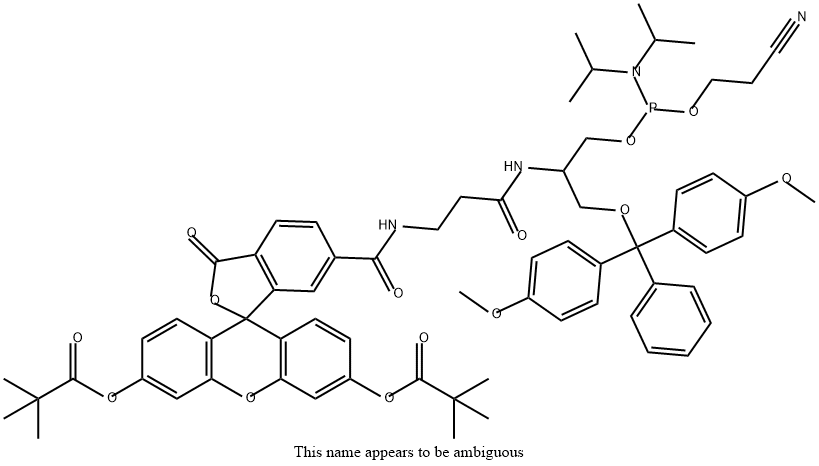 3-Dimethoxytrityloxy-2-(3-(6-carboxy-(di-O-pivaloyl-fluorescein)propanamido)propyl)-1-O-(2-cyanoethyl)-(N,N-diisopropyl)-phosphoramidite Structure