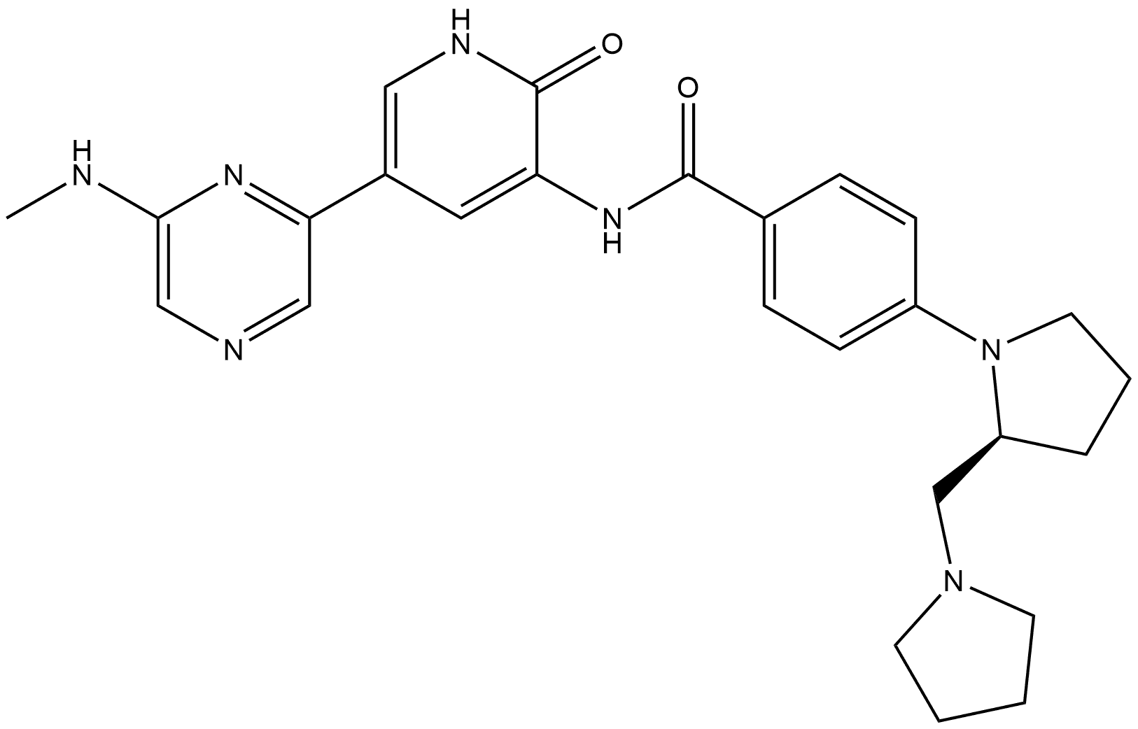 N-[1,2-Dihydro-5-[6-(methylamino)-2-pyrazinyl]-2-oxo-3-pyridinyl]-4-[(2S)-2-(1-pyrrolidinylmethyl)-1-pyrrolidinyl]benzamide Structure