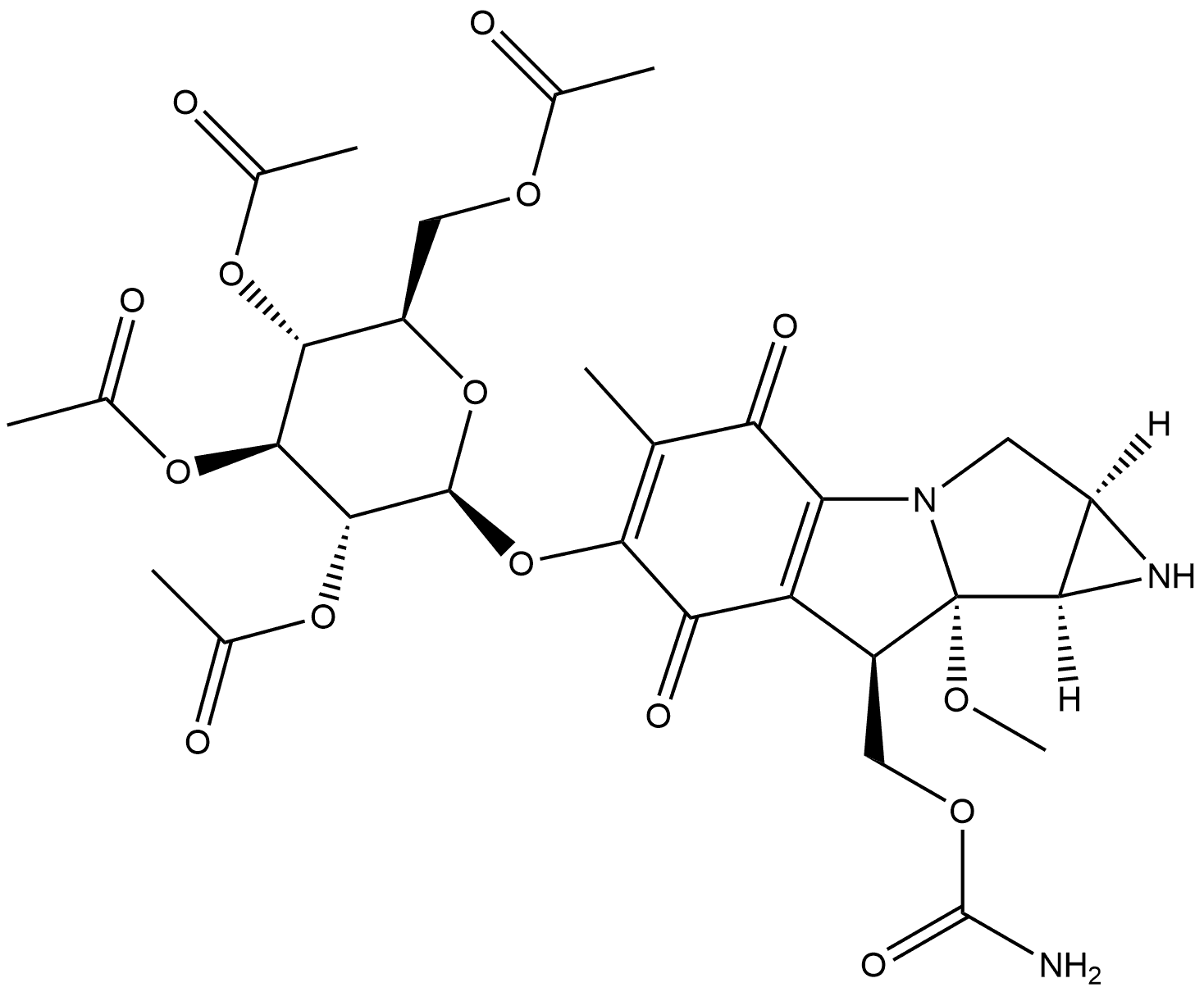 Azirino[2',3':3,4]pyrrolo[1,2-a]indole-4,7-dione, 8-[[(aminocarbonyl)oxy]methyl]-1,1a,2,8,8a,8b-hexahydro-8a-methoxy-5-methyl-6-[(2,3,4,6-tetra-O-acetyl-β-D-glucopyranosyl)oxy]-, [1aS-(1aα,8β,8aα,8bα)]- (9CI) Structure