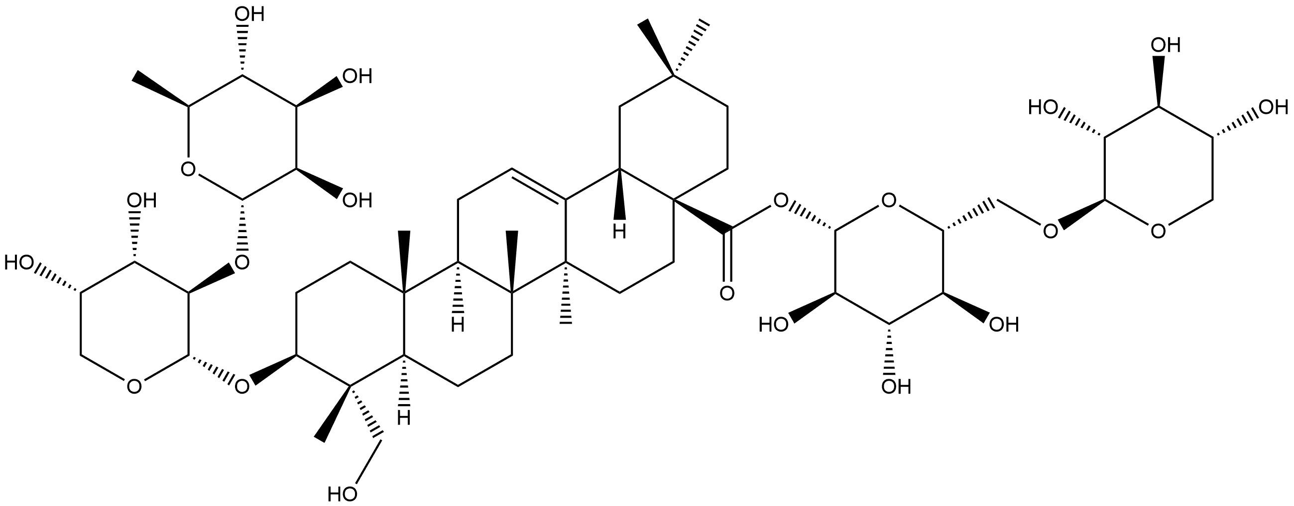 Olean-12-en-28-oic acid, 3-[[2-O-(6-deoxy-α-L-mannopyranosyl)-α-L-arabinopyranosyl]oxy]-23-hydroxy-, 6-O-β-D-xylopyranosyl-β-D-glucopyranosyl ester, (3β,4α)- Structure