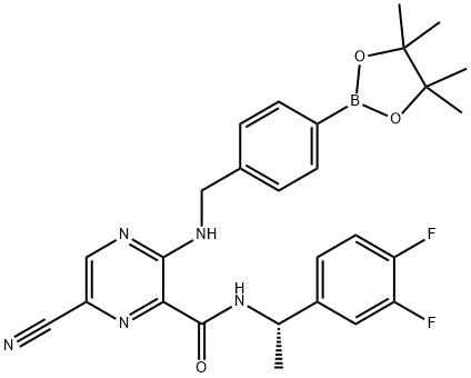 (S)-6-Cyano-N-(1-(3,4-difluorophenyl)ethyl)-3-((4-(4,4,5,5-tetramethyl-1,3,2-dioxaborolan-2-yl)benzyl)amino)pyrazine-2-carboxamide 구조식 이미지