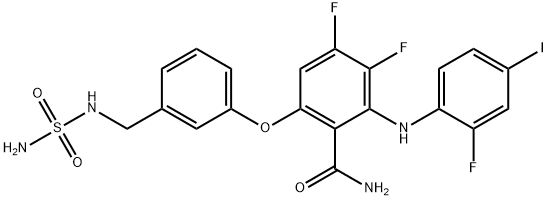 Benzamide, 6-[3-[[(aminosulfonyl)amino]methyl]phenoxy]-3,4-difluoro-2-[(2-fluoro-4-iodophenyl)amino]- Structure
