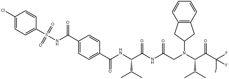 N-((4-((((4-chlorophenyl)sulfonyl)amino)carbonyl)phenyl)oxomethyl)-valyl-N-(2,3-dihydro-1H-inden-2-yl)glycine N-(3-(1,1,1-trifluoro-4-methyl-2-oxopentyl))amide 구조식 이미지