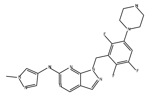 1H-Pyrazolo[3,4-d]pyrimidin-6-amine, N-(1-methyl-1H-pyrazol-4-yl)-1-[[2,3,6-trifluoro-5-(1-piperazinyl)phenyl]methyl]- Structure