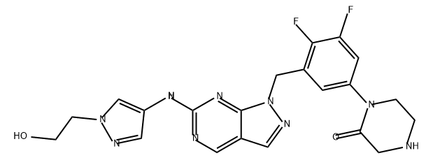 2-Piperazinone, 1-[3,4-difluoro-5-[[6-[[1-(2-hydroxyethyl)-1H-pyrazol-4-yl]amino]-1H-pyrazolo[3,4-d]pyrimidin-1-yl]methyl]phenyl]- Structure