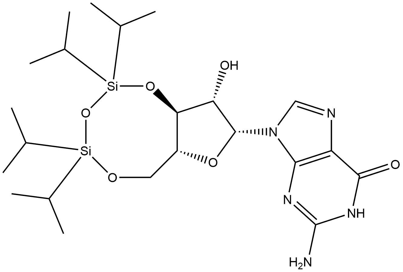 6H-Purin-6-one, 2-amino-1,9-dihydro-9-[3,5-O-[1,1,3,3-tetrakis(1-methylethyl)-1,3-disiloxanediyl]-β-D-arabinofuranosyl]- Structure