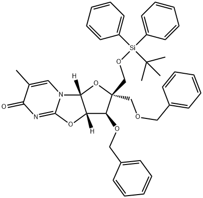 6H-Furo[2',3':4,5]oxazolo[3,2-a]pyrimidin-6-one, 2-[[[(1,1-dimethylethyl)diphenylsilyl]oxy]methyl]-2,3,3a,9a-tetrahydro-7-methyl-3-(phenylmethoxy)-2-[(phenylmethoxy)methyl]-, (2S,3S,3aS,9aR)- Structure