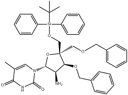 Uridine, 2'-?amino-?2'-?deoxy-?4'-?C-?[[[(1,?1-?dimethylethyl)?diphenylsilyl]?oxy]?methyl]?-?5-?methyl-?3',?5'-?bis-?O-?(phenylmethyl)?- 구조식 이미지