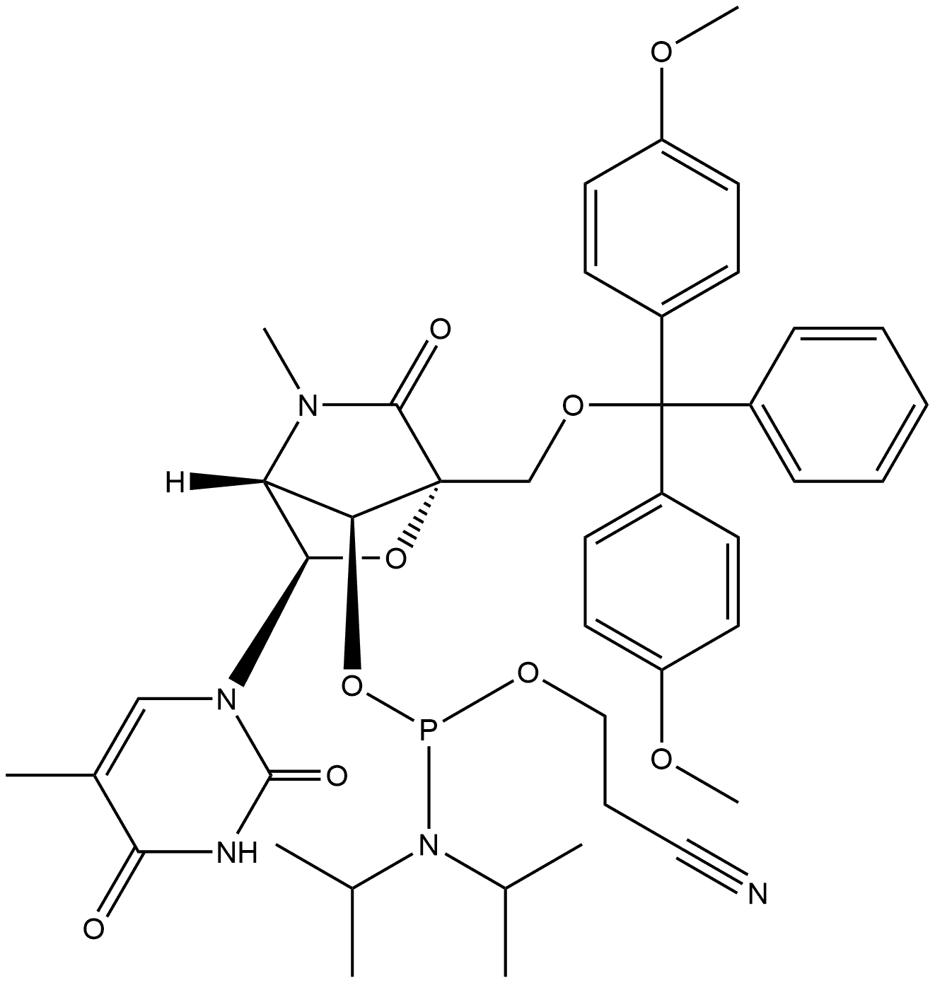 Phosphoramidous acid, N,?N-?bis(1-?methylethyl)?-?, (1R,?3R,?4R,?7S)?-?1-?[[bis(4-?methoxyphenyl)?phenylmethoxy]?methyl]?-?3-?(3,?4-?dihydro-?5-?methyl-?2,?4-?dioxo-?1(2H)?-?pyrimidinyl)?-?5-?methyl-?6-?oxo-?2-?oxa-?5-?azabicyclo[2.2.1]?hept-?7-?yl 2-?cyanoethyl ester Structure