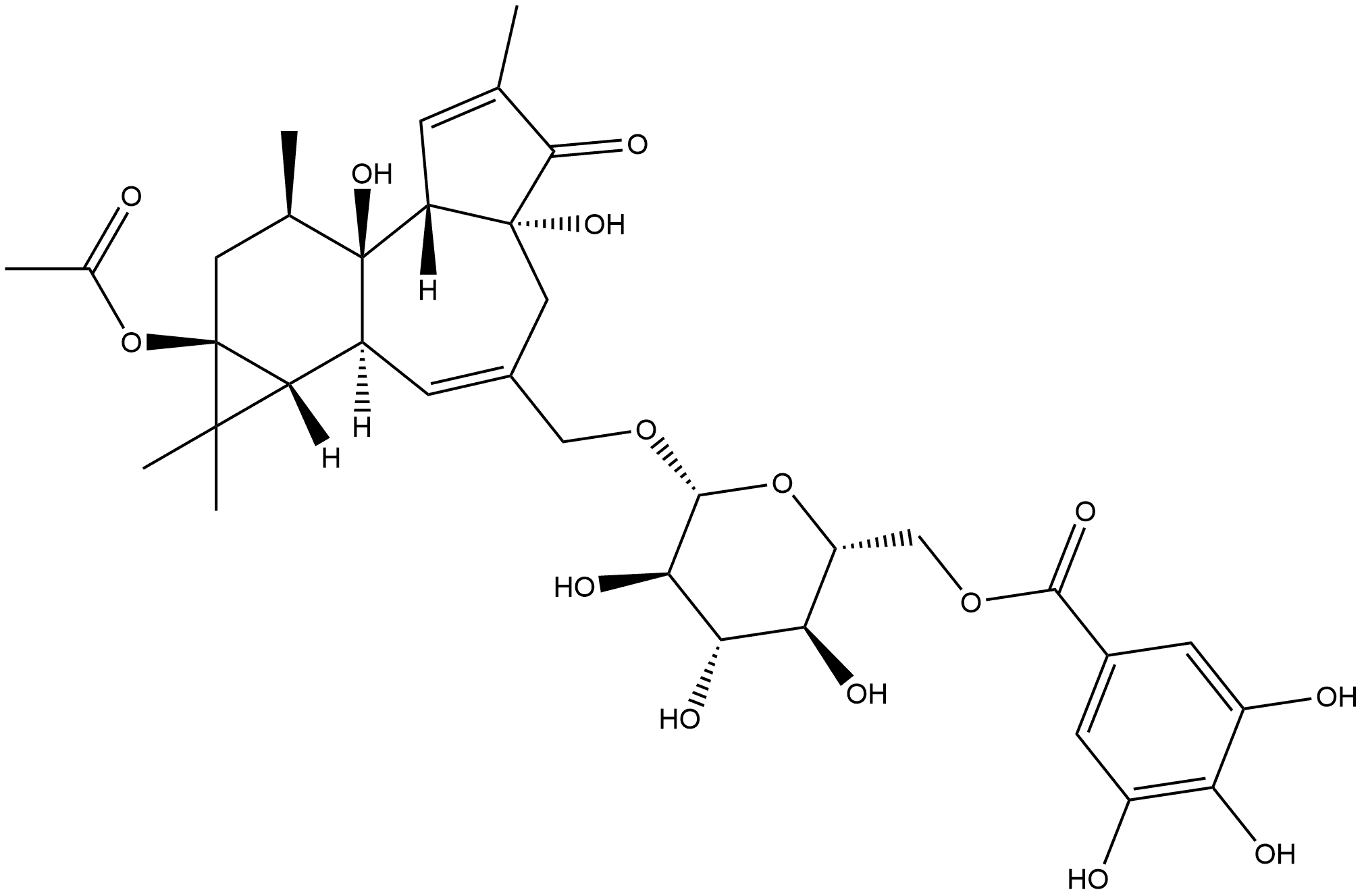 5H-Cyclopropa[3,4]benz[1,2-e]azulen-5-one, 9a-(acetyloxy)-1,1a,1b,4,4a,7a,7b,8,9,9a-decahydro-4a,7b-dihydroxy-1,1,6,8-tetramethyl-3-[[[6-O-(3,4,5-trihydroxybenzoyl)-β-D-glucopyranosyl]oxy]methyl]-, (1aR,1bS,4aR,7aS,7bR,8R,9aS)- Structure