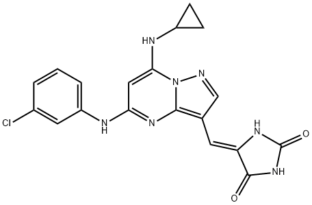 2,4-Imidazolidinedione, 5-[[5-[(3-chlorophenyl)amino]-7-(cyclopropylamino)pyrazolo[1,5-a]pyrimidin-3-yl]methylene]-, (5Z)- Structure