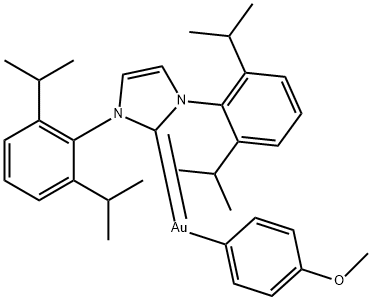 [1,3-Bis[2,6-bis(1-methylethyl)phenyl]-1,3-dihydro-2H-imidazol-2-ylidene](4-methoxyphenyl)gold Structure