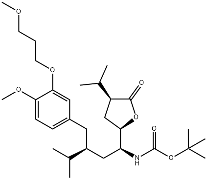 Carbamic acid, N-[(1S,3S)-3-[[4-methoxy-3-(3-methoxypropoxy)phenyl]methyl]-4-methyl-1-[(2R,4S)-tetrahydro-4-(1-methylethyl)-5-oxo-2-furanyl]pentyl]-, 1,1-dimethylethyl ester Structure