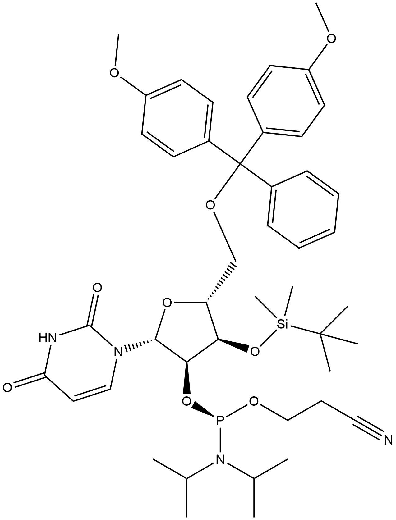 Uridine, 5'-O-[bis(4-methoxyphenyl)phenylmethyl]-3'-O-[(1,1-dimethylethyl)dimethylsilyl]-, 2'-[2-cyanoethyl bis(1-methylethyl)phosphoramidite], (S)- (9CI) 구조식 이미지