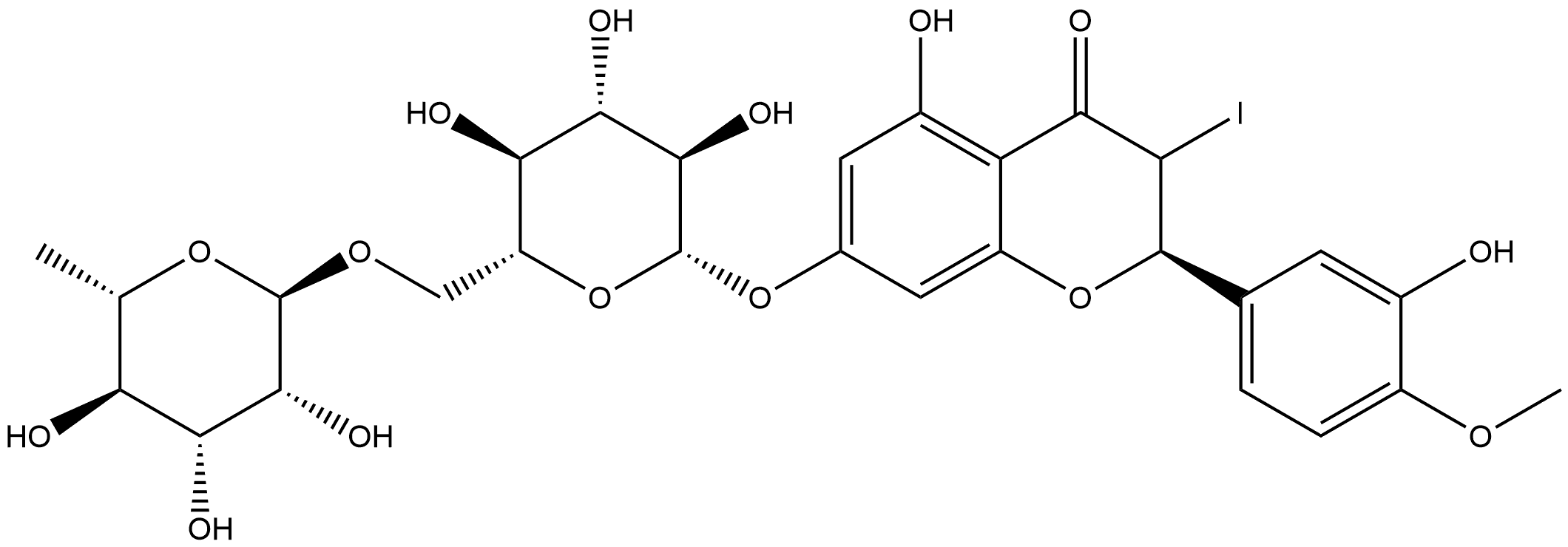 4H-1-Benzopyran-4-one, 7-[[6-O-(6-deoxy-α-L-mannopyranosyl)-β-D-glucopyranosyl]oxy]-2,3-dihydro-5-hydroxy-2-(3-hydroxy-4-methoxyphenyl)-3-iodo-, (2R)- 구조식 이미지