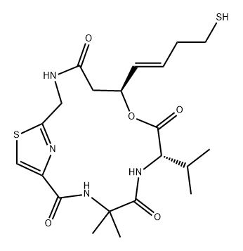 9-Oxa-16-thia-3,6,13,18-tetraazabicyclo[13.2.1]octadeca-15(18),17-diene-2,5,8,12-tetrone, 10-[(1E)-4-mercapto-1-buten-1-yl]-4,4-dimethyl-7-(1-methylethyl)-, (7S,10S)- Structure