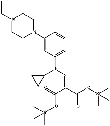 Propanedioic acid, 2-[[cyclopropyl[3-(4-ethyl-1-piperazinyl)phenyl]amino]methylene]-, 1,3-bis(trimethylsilyl) ester 구조식 이미지