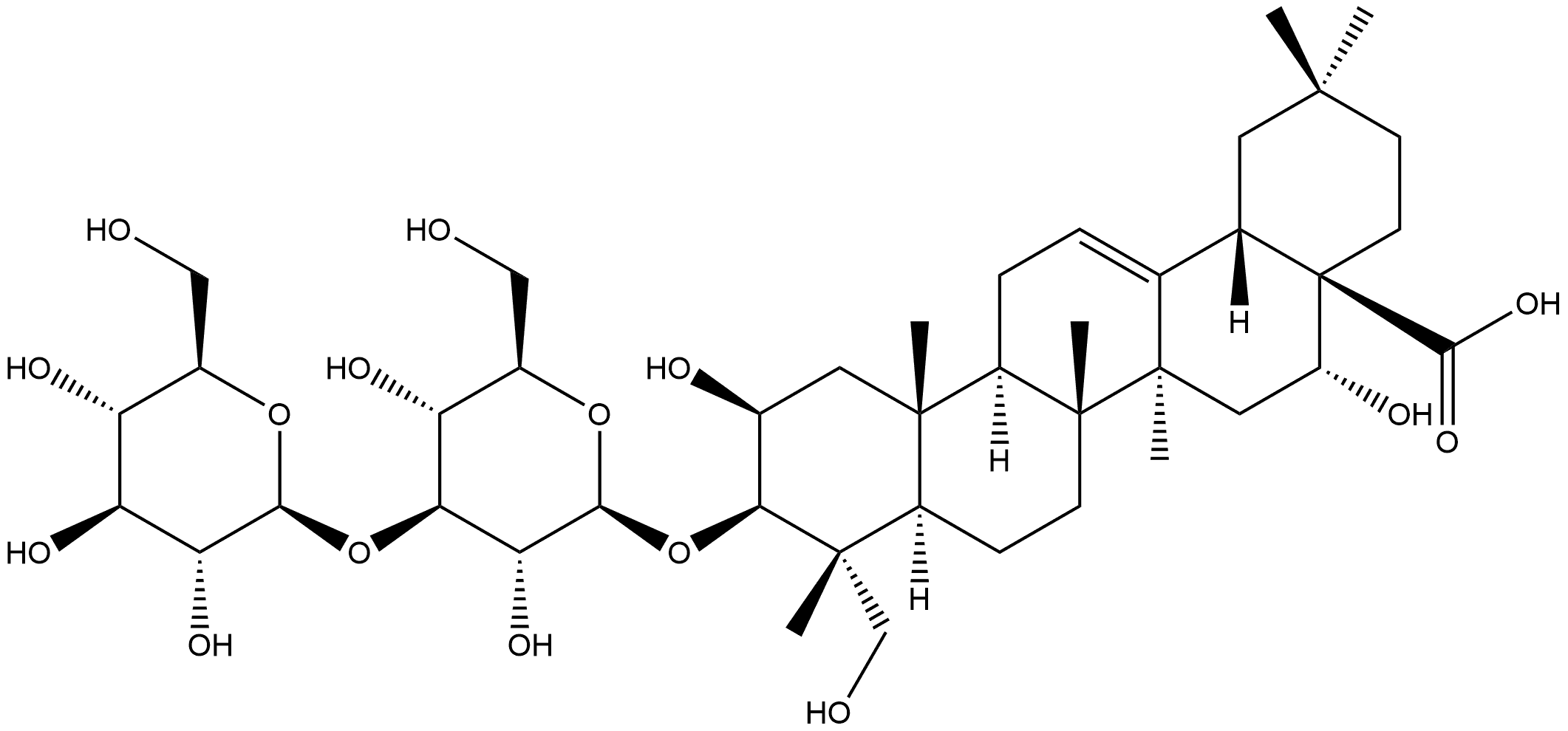 Olean-12-en-28-oic acid, 3-[(3-O-β-D-glucopyranosyl-β-D-glucopyranosyl)oxy]-2,16,23-trihydroxy-, (2β,3β,4α,16α)- Structure