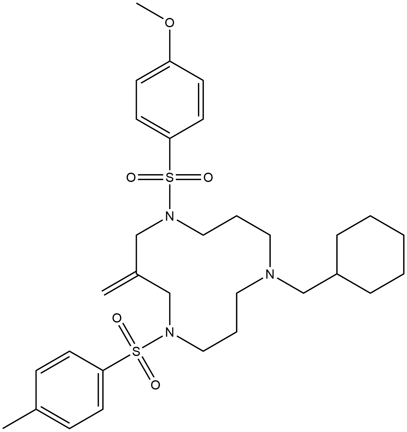 9-(Cyclohexylmethyl)-1-[(4-methoxyphenyl)sulfonyl]-3-methylene-5-[(4-methylphenyl)sulfonyl]-1,5,9-triazacyclododecane 구조식 이미지